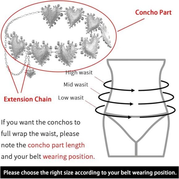 Vintage Western Belt for Women Heart Cowgirl Style Metal Waist Chain, Adjustable - Picture 2 of 8